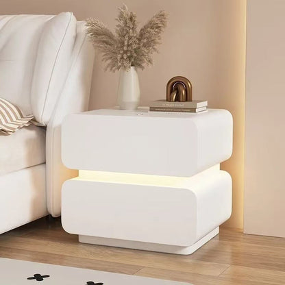 Modern Minimalist Faux Nappa Leather Solid Wood Rounded Rectangular Nightstand With 2 Drawers For Bedroom