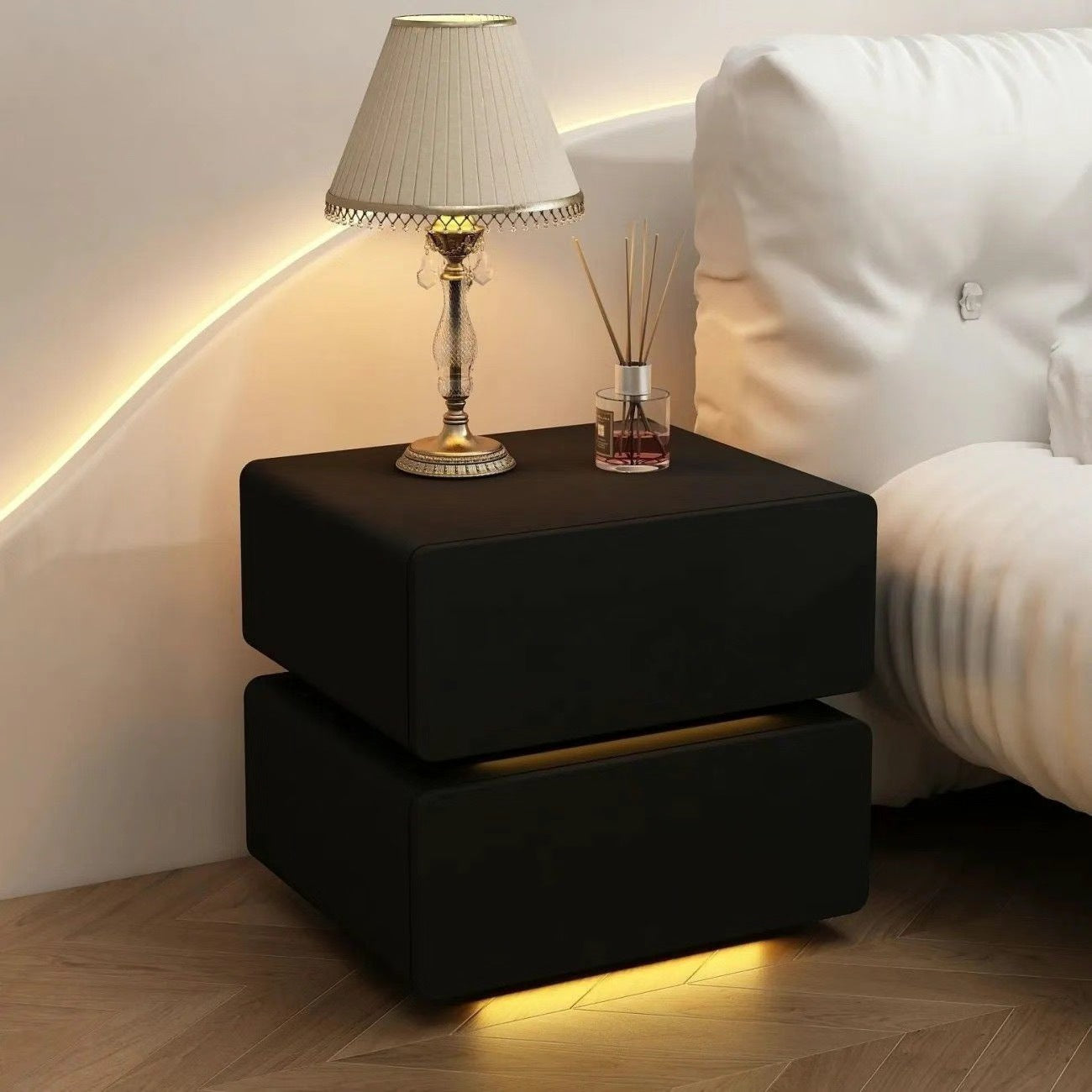 Modern Minimalist Faux Nappa Leather Solid Wood Rounded Rectangular Nightstand With 2 Drawers For Bedroom
