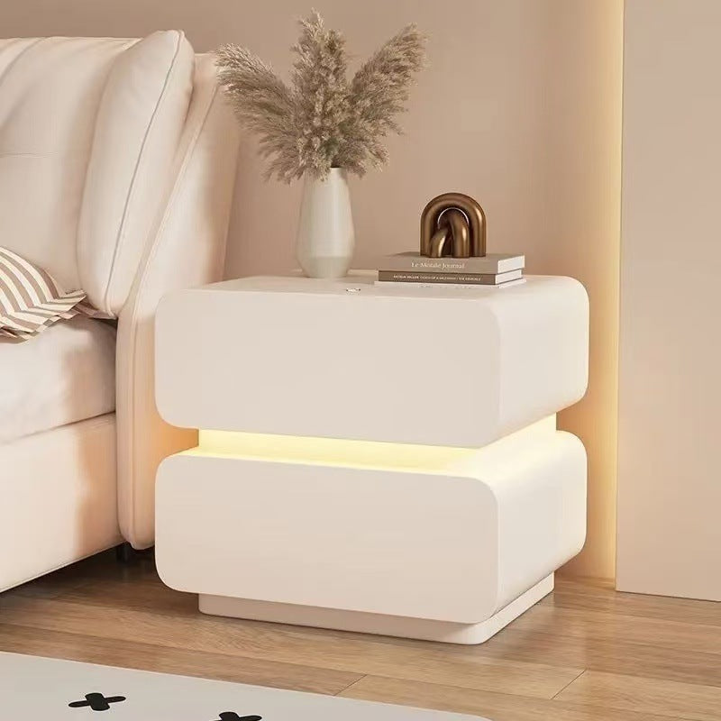 Modern Minimalist Faux Nappa Leather Solid Wood Rounded Rectangular Nightstand With 2 Drawers For Bedroom
