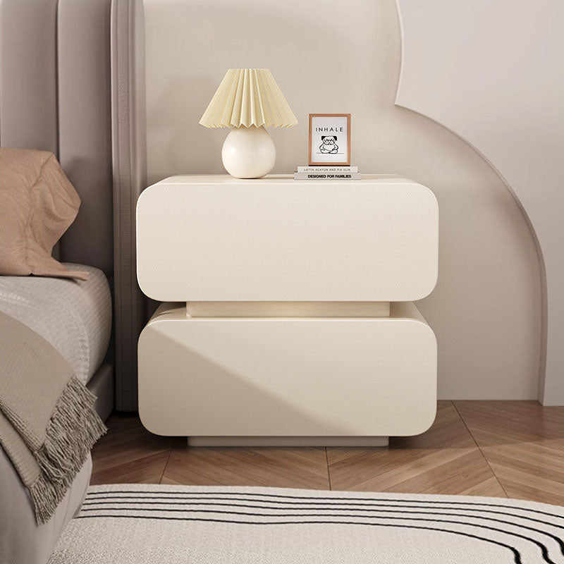 Modern Minimalist Faux Nappa Leather Solid Wood Rounded Rectangular Nightstand With 2 Drawers For Bedroom