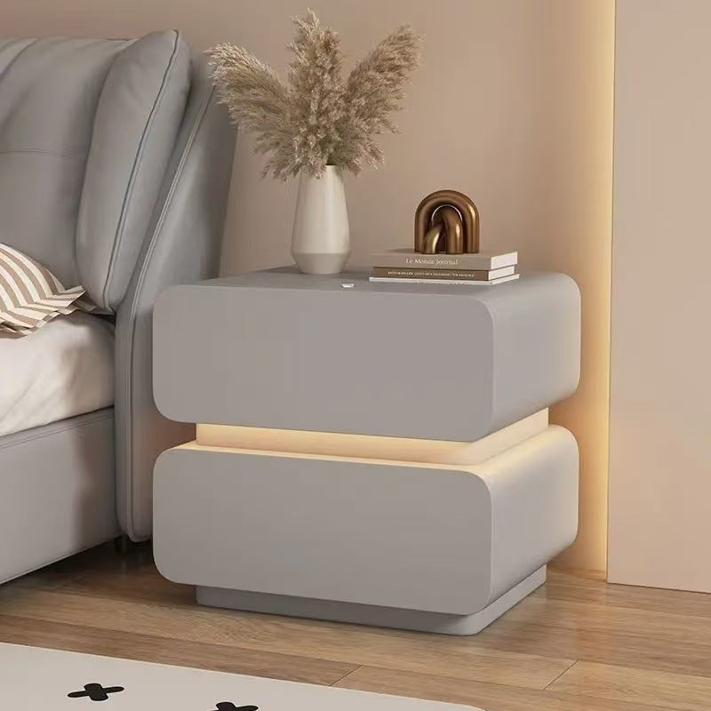 Modern Minimalist Faux Nappa Leather Solid Wood Rounded Rectangular Nightstand With 2 Drawers For Bedroom