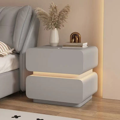 Modern Minimalist Faux Nappa Leather Solid Wood Rounded Rectangular Nightstand With 2 Drawers For Bedroom