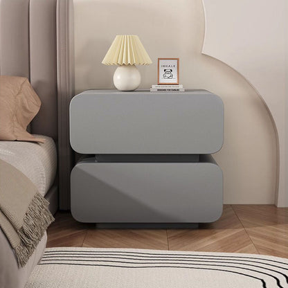 Modern Minimalist Faux Nappa Leather Solid Wood Rounded Rectangular Nightstand With 2 Drawers For Bedroom