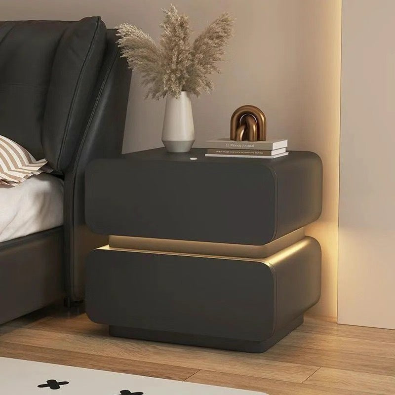 Modern Minimalist Faux Nappa Leather Solid Wood Rounded Rectangular Nightstand With 2 Drawers For Bedroom