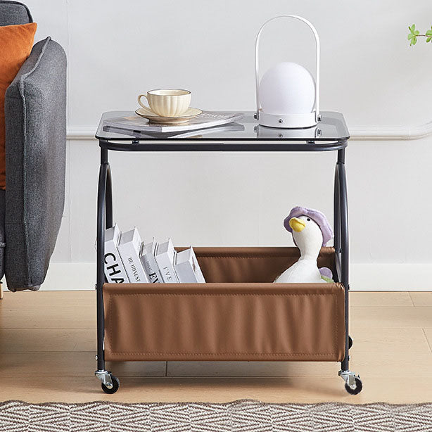 Modern Minimalist Tempered Glass Metal PU Leather Rounded Rectangle Side Table With 2-Tier For Living Room