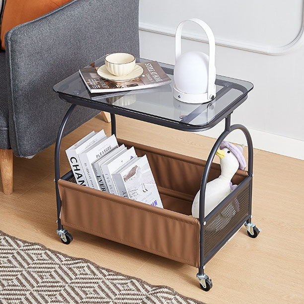 Modern Minimalist Tempered Glass Metal PU Leather Rounded Rectangle Side Table With 2-Tier For Living Room