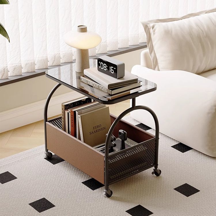 Modern Minimalist Tempered Glass Metal PU Leather Rounded Rectangle Side Table With 2-Tier For Living Room