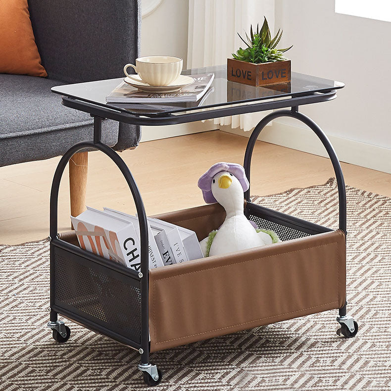 Modern Minimalist Tempered Glass Metal PU Leather Rounded Rectangle Side Table With 2-Tier For Living Room