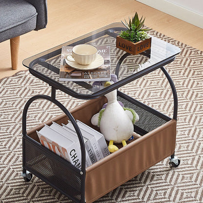 Modern Minimalist Tempered Glass Metal PU Leather Rounded Rectangle Side Table With 2-Tier For Living Room