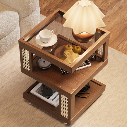 Traditional Vintage Rubberwood Glass Square Mobile End Table With 3-Tier For Living Room