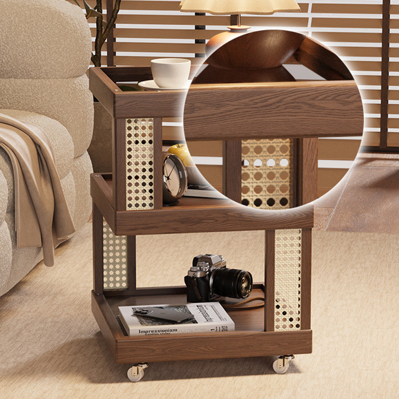 Traditional Vintage Rubberwood Glass Square Mobile End Table With 3-Tier For Living Room
