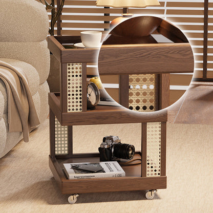 Traditional Vintage Rubberwood Glass Square Mobile End Table With 3-Tier For Living Room