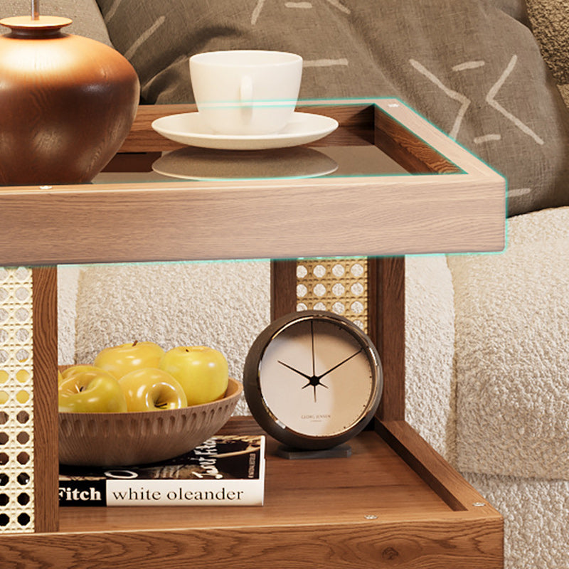 Traditional Vintage Rubberwood Glass Square Mobile End Table With 3-Tier For Living Room