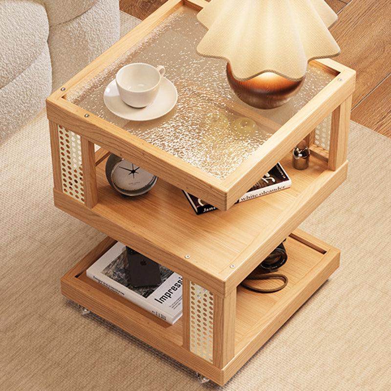 Traditional Vintage Rubberwood Glass Square Mobile End Table With 3-Tier For Living Room