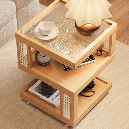 Traditional Vintage Rubberwood Glass Square Mobile End Table With 3-Tier For Living Room