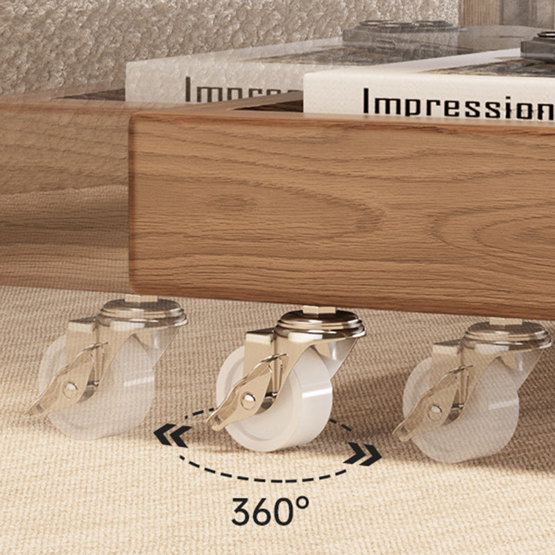 Traditional Vintage Rubberwood Glass Square Mobile End Table With 3-Tier For Living Room