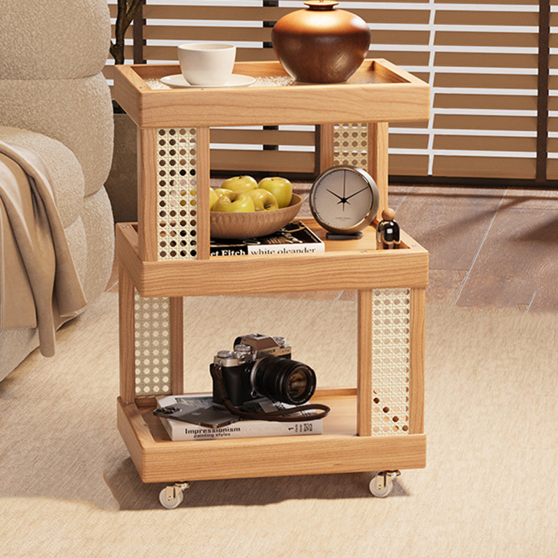 Traditional Vintage Rubberwood Glass Square Mobile End Table With 3-Tier For Living Room