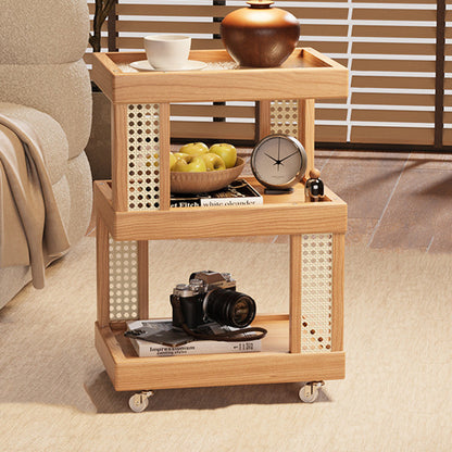 Traditional Vintage Rubberwood Glass Square Mobile End Table With 3-Tier For Living Room