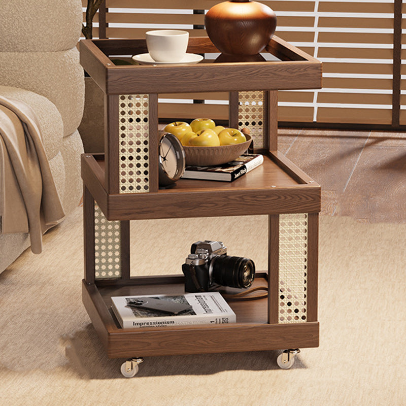 Traditional Vintage Rubberwood Glass Square Mobile End Table With 3-Tier For Living Room