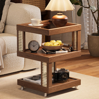 Traditional Vintage Rubberwood Glass Square Mobile End Table With 3-Tier For Living Room