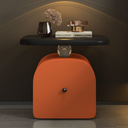 Traditional French Wood Faux Cat-Scratch-Leather Acrylic Curved Square Nightstand 1-Drawer For Bedroom