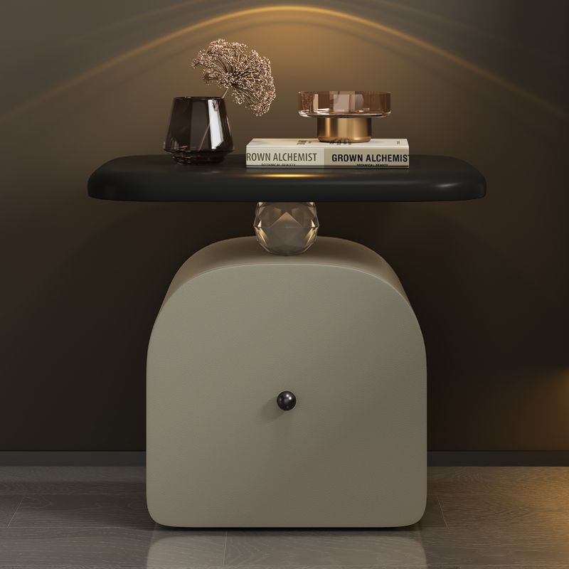Traditional French Wood Faux Cat-Scratch-Leather Acrylic Curved Square Nightstand 1-Drawer For Bedroom