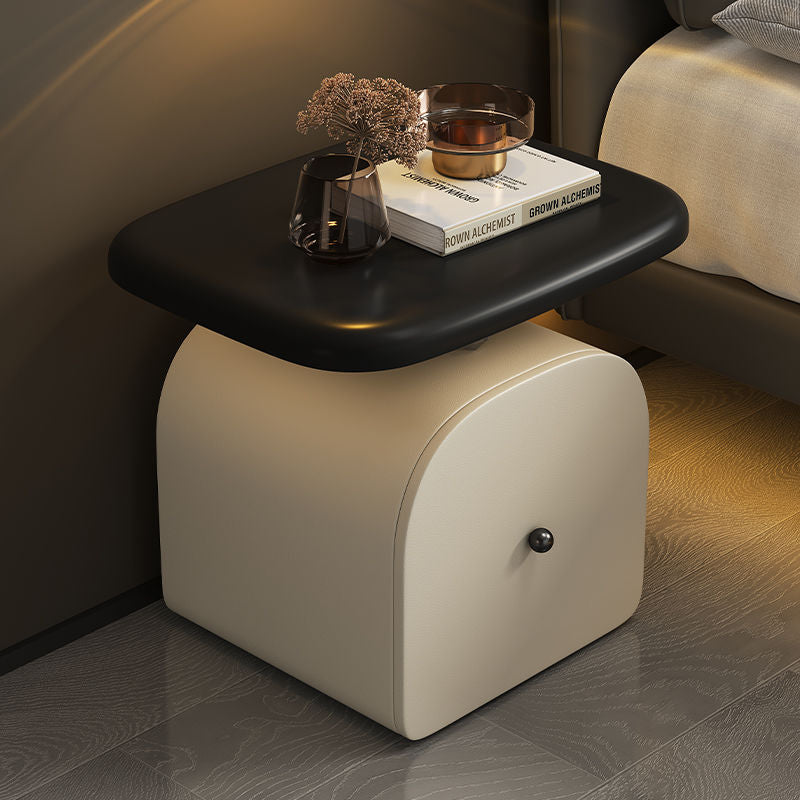 Traditional French Wood Faux Cat-Scratch-Leather Acrylic Curved Square Nightstand 1-Drawer For Bedroom