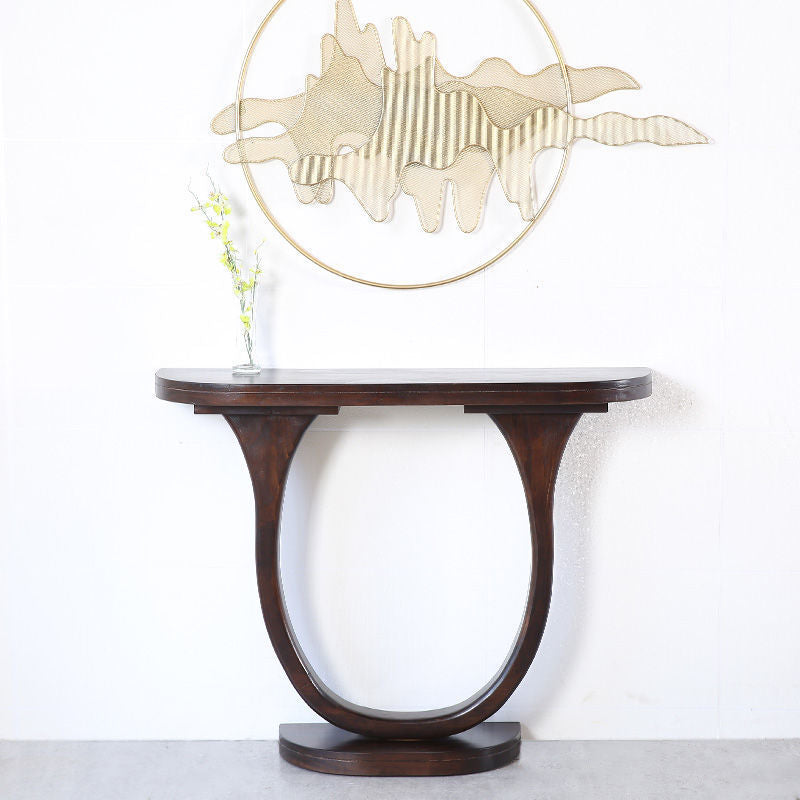 Traditional Chinese Pinewood Semi-Oval Console Side Table 1-Tier For Living Room