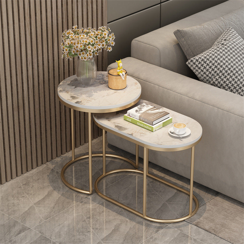 Contemporary Scandinavian Sintered Stone Iron Round Oval Side Table With 2-Tier Storage For Living Room