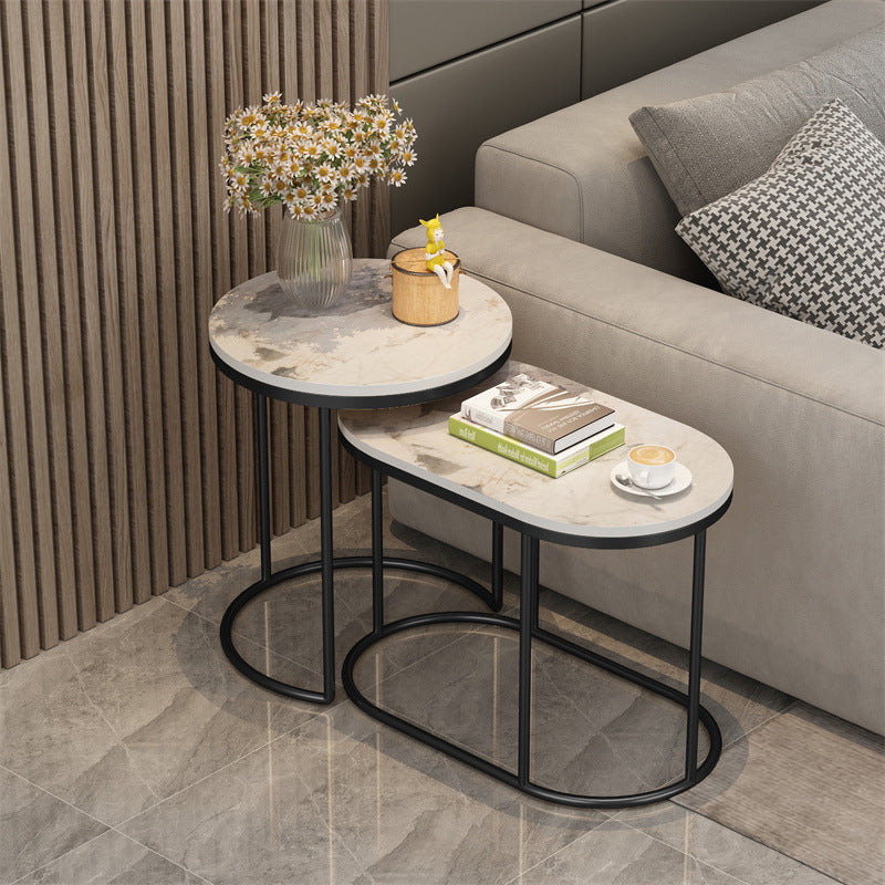 Contemporary Scandinavian Sintered Stone Iron Round Oval Side Table With 2-Tier Storage For Living Room
