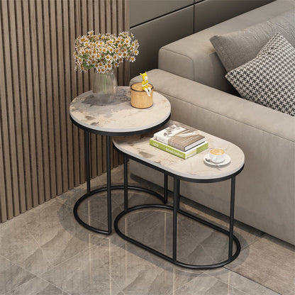 Contemporary Scandinavian Sintered Stone Iron Round Oval Side Table With 2-Tier Storage For Living Room