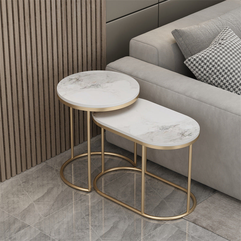 Contemporary Scandinavian Sintered Stone Iron Round Oval Side Table With 2-Tier Storage For Living Room