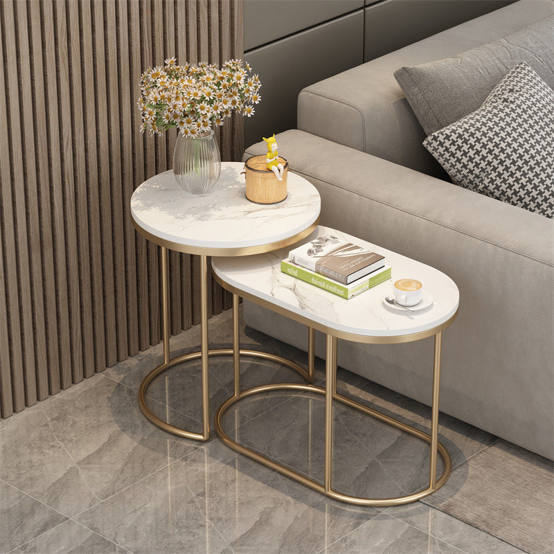 Contemporary Scandinavian Sintered Stone Iron Round Oval Side Table With 2-Tier Storage For Living Room
