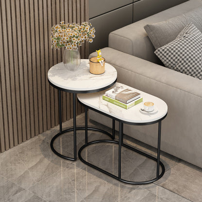 Contemporary Scandinavian Sintered Stone Iron Round Oval Side Table With 2-Tier Storage For Living Room