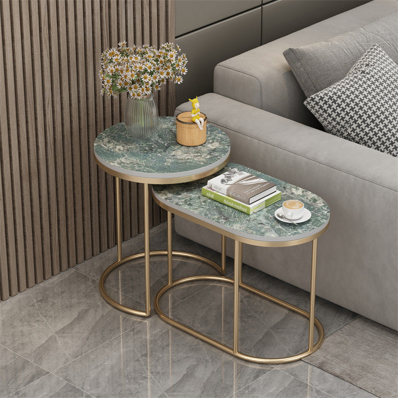 Contemporary Scandinavian Sintered Stone Iron Round Oval Side Table With 2-Tier Storage For Living Room