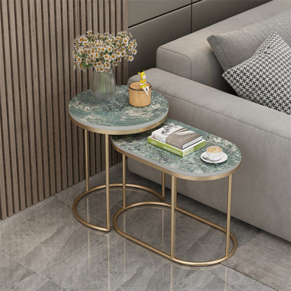 Contemporary Scandinavian Sintered Stone Iron Round Oval Side Table With 2-Tier Storage For Living Room