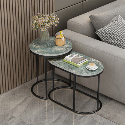 Contemporary Scandinavian Sintered Stone Iron Round Oval Side Table With 2-Tier Storage For Living Room