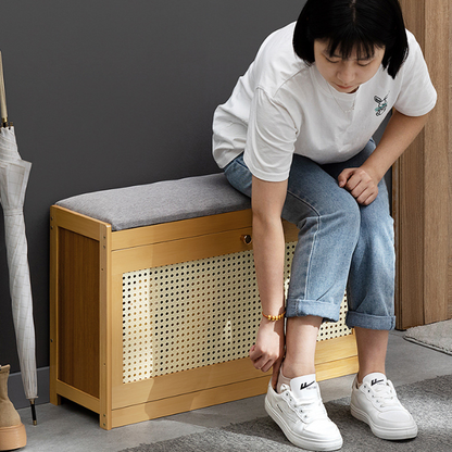 Traditional Japanese Bamboo ABS Linen Rectangular Ventilated Shoe Bench For Entryway & Living Room