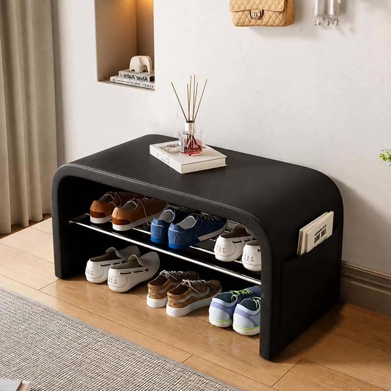 Contemporary Scandinavian Faux Leather Stainless Steel Arched Shoe Storage 1-Tier For Entryway & Living Room
