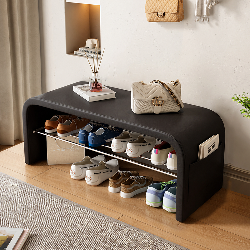 Contemporary Scandinavian Faux Leather Stainless Steel Arched Shoe Storage 1-Tier For Entryway & Living Room