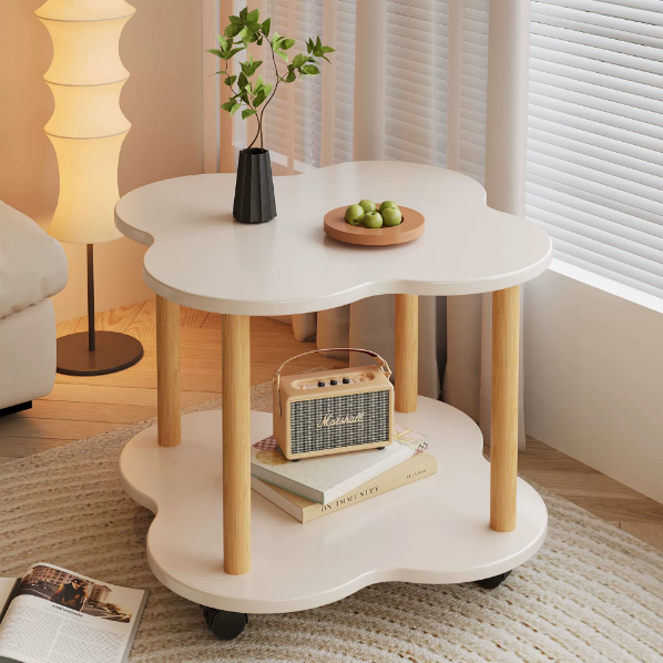 Traditional Vintage Medium Density Fiberboard Solid Wood Clover Shape Movable 2-Tier End Table For Living Room