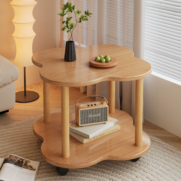 Traditional Vintage Medium Density Fiberboard Solid Wood Clover Shape Movable 2-Tier End Table For Living Room