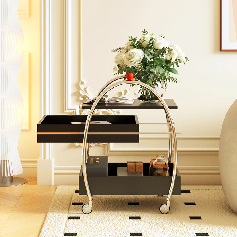 Traditional Chinese Stainless Steel Panel Rectangular Arched Mobile Side Table With 3 Tiers For Living Room