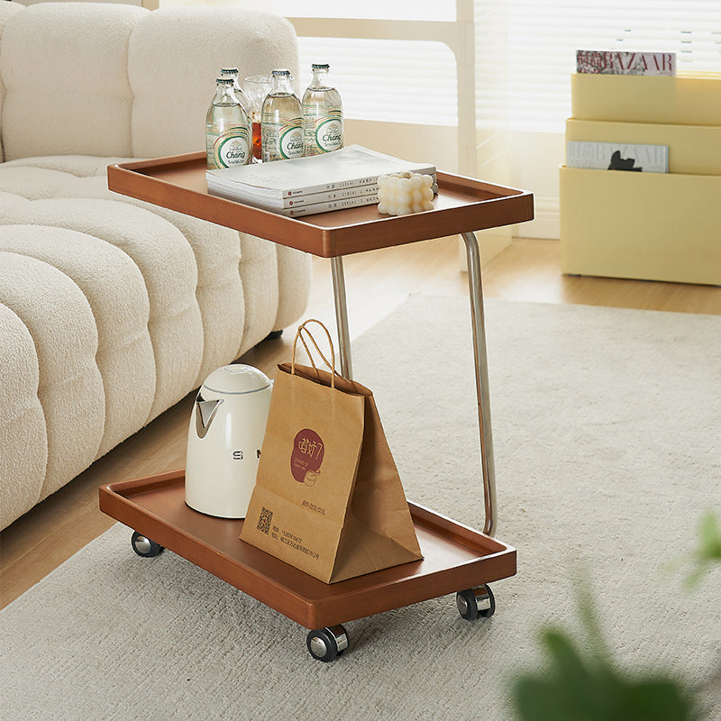 Traditional Vintage Solid Wood Stainless Steel Mobile C-Shaped Rectangular End Table 2-Tier For Living Room