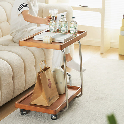 Traditional Vintage Solid Wood Stainless Steel Mobile C-Shaped Rectangular End Table 2-Tier For Living Room