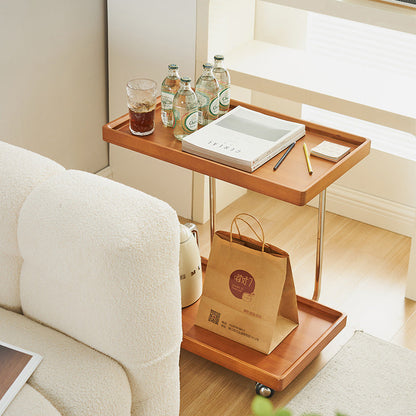 Traditional Vintage Solid Wood Stainless Steel Mobile C-Shaped Rectangular End Table 2-Tier For Living Room