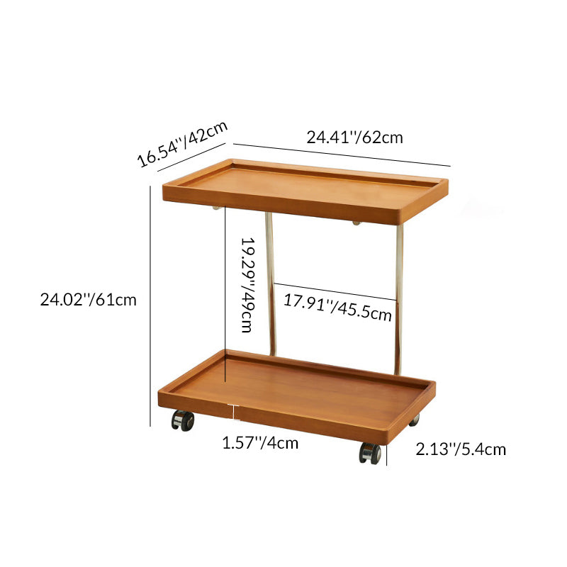 Traditional Vintage Solid Wood Stainless Steel Mobile C-Shaped Rectangular End Table 2-Tier For Living Room