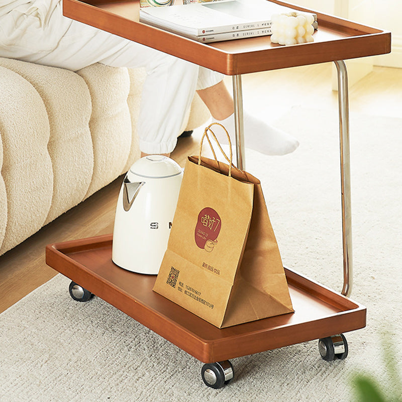 Traditional Vintage Solid Wood Stainless Steel Mobile C-Shaped Rectangular End Table 2-Tier For Living Room