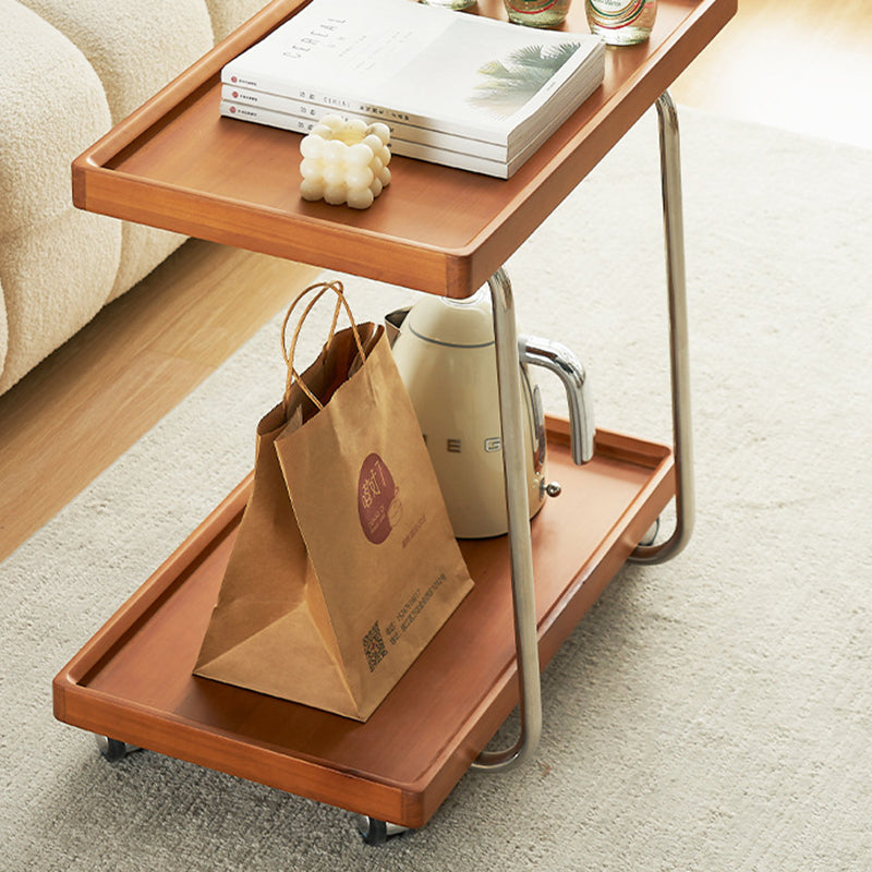 Traditional Vintage Solid Wood Stainless Steel Mobile C-Shaped Rectangular End Table 2-Tier For Living Room