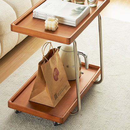 Traditional Vintage Solid Wood Stainless Steel Mobile C-Shaped Rectangular End Table 2-Tier For Living Room